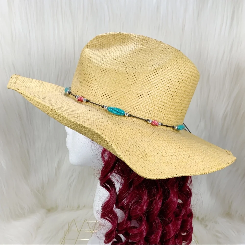 Golden Natural Fiber Cowboy Hat with Beaded Embellished String Tie Band